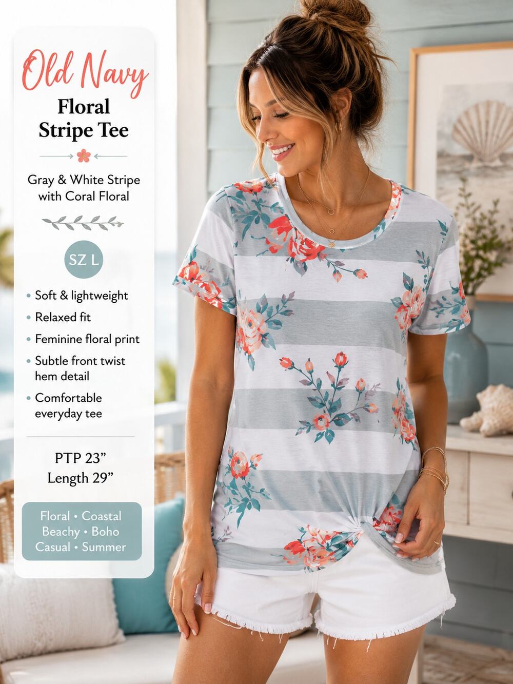 Floral-Stripe Twist Front Tee - Light Blue & Coral‎ SZ L Coastal, Vacation